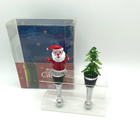 Jolly Wine Bottle Stoppers Christmas Art Glass Santa & Christmas Tree New! - Picture 5 of 5